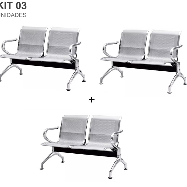 Kit Com 3 Cadeiras Longarina Aeroporto Cromada 2 Lugares