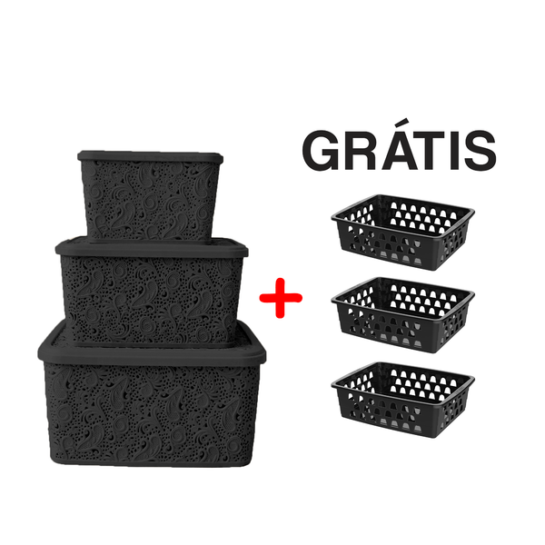 Kit Com 3 Caixas Organizadoras Renda Floral Preto + Cestos