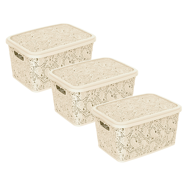 Kit Com 3 Cestos Organizadores 10l Renda Floral Palha
