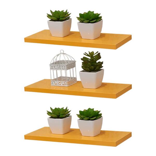 Kit Com 3 Prateleiras Amarelas 60x20cm Com Suporte Invisível