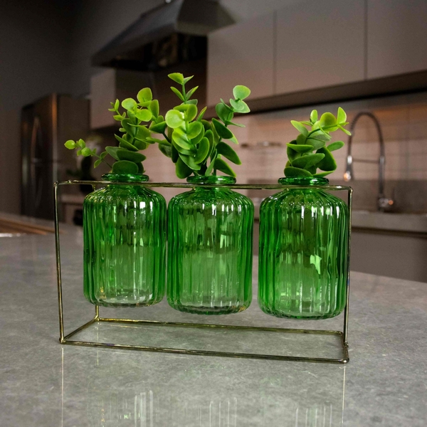 Kit Com 3 Vasos De Vidro Verde Com Suporte Dourado 13x21 Cm F
