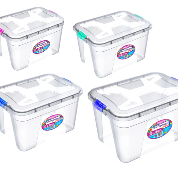 Kit Com 4 Caixas Organizadoras 12/20/30/56 Litros Transparente