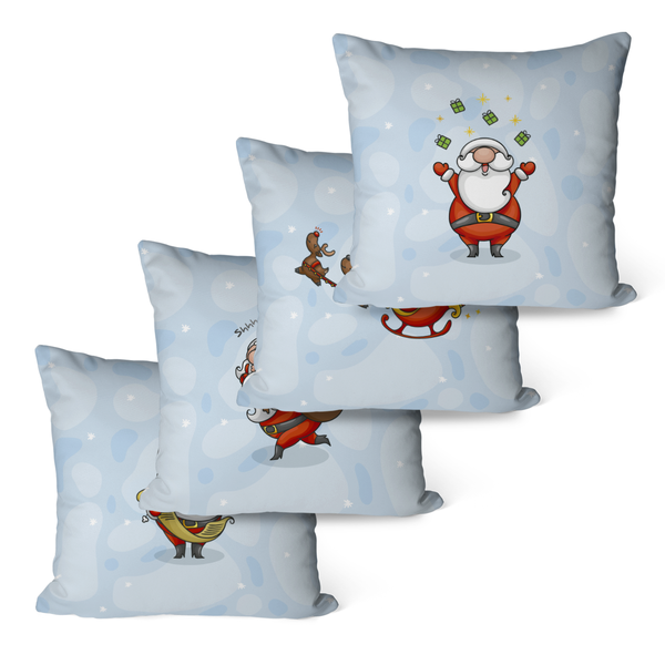 Kit Com 4 Capas Para Almofadas Decorativas De Natal Azul Trenó