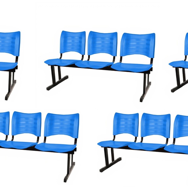 Kit Com 5 Cadeiras Longarina Plástica 03 Lugares Cor Azul Mas