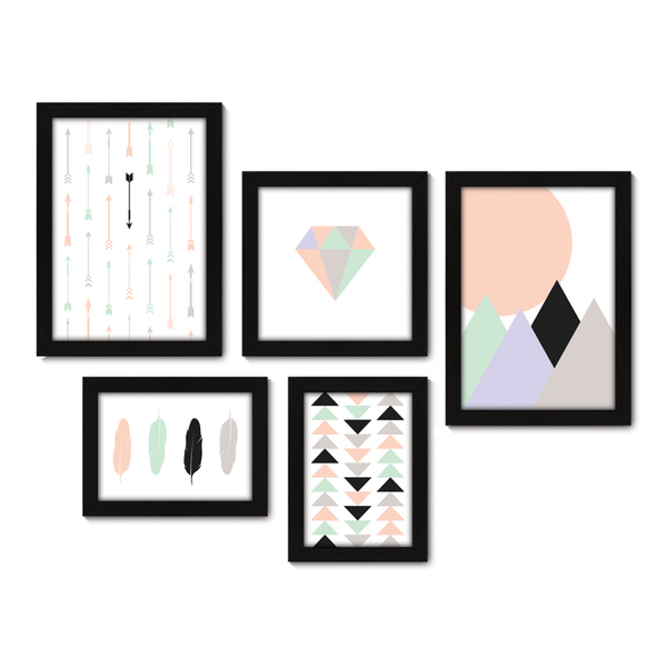 Kit Com 5 Quadros Decorativos - Flechas Penas Diamante - 019k