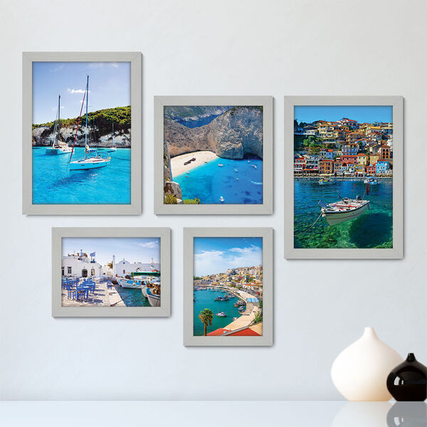 Kit Com 5 Quadros Decorativos - Grécia Mar Costa Barcos - 033