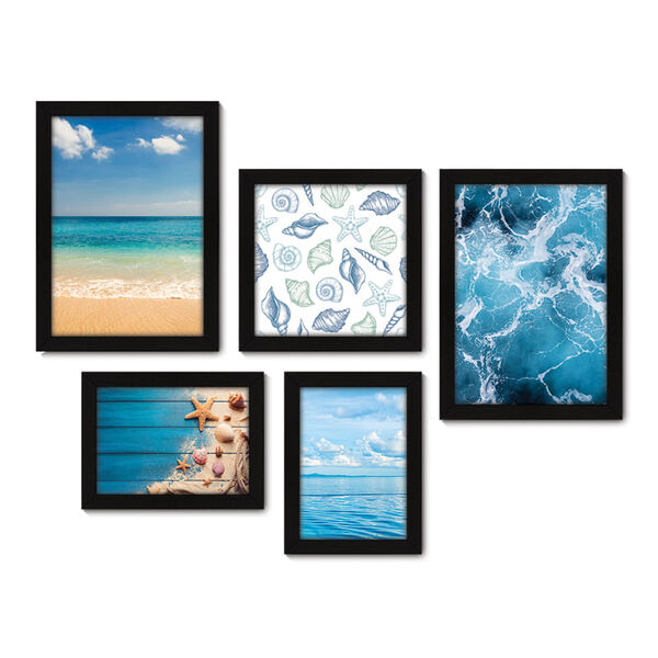 Kit Com 5 Quadros Decorativos - Mar Oceano Conchas Ondas - 03