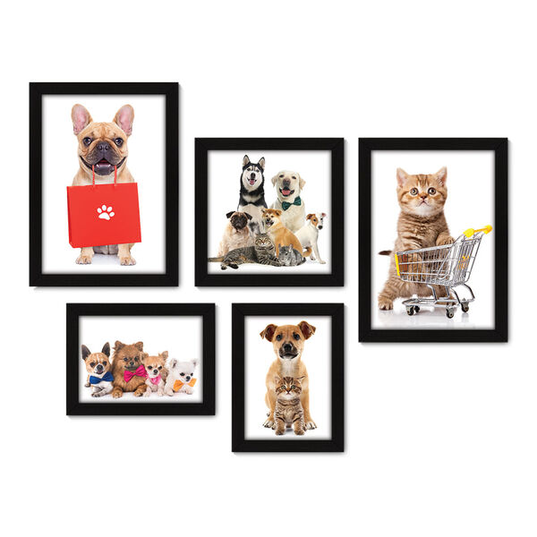 Kit Com 5 Quadros Decorativos - Pet Shop - Gatos - Cachorros