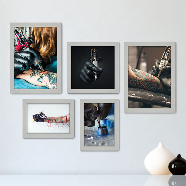 Kit Com 5 Quadros Decorativos - Tatuagem Studio Tattoo Shop -