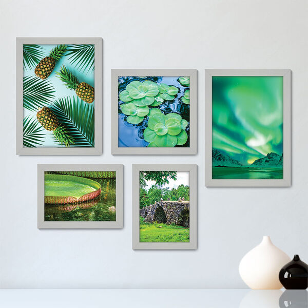 Kit Com 5 Quadros Decorativos - Verde Paisagem Natureza Folha