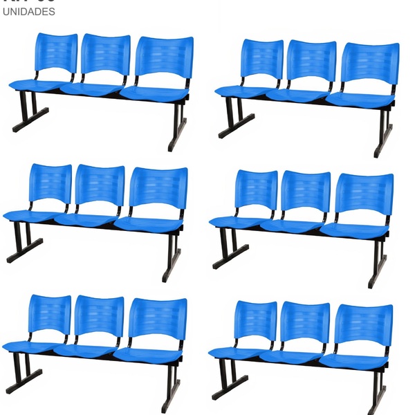 Kit Com 6 Cadeiras Longarina Plástica 03 Lugares Cor Azul Mas