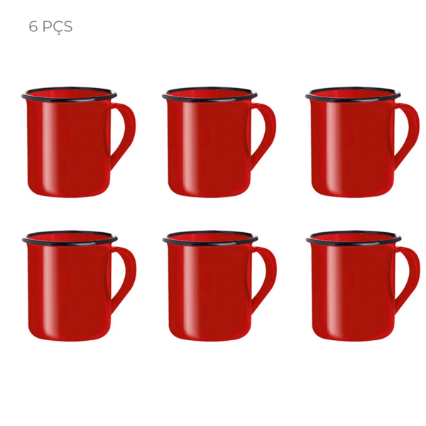 Kit Com 6 Canecas Esmaltada 150ml Ágata Em Metal Vermelha