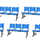 Kit Com 7 Cadeiras Longarina Plástica 03 Lugares Cor Azul Mas