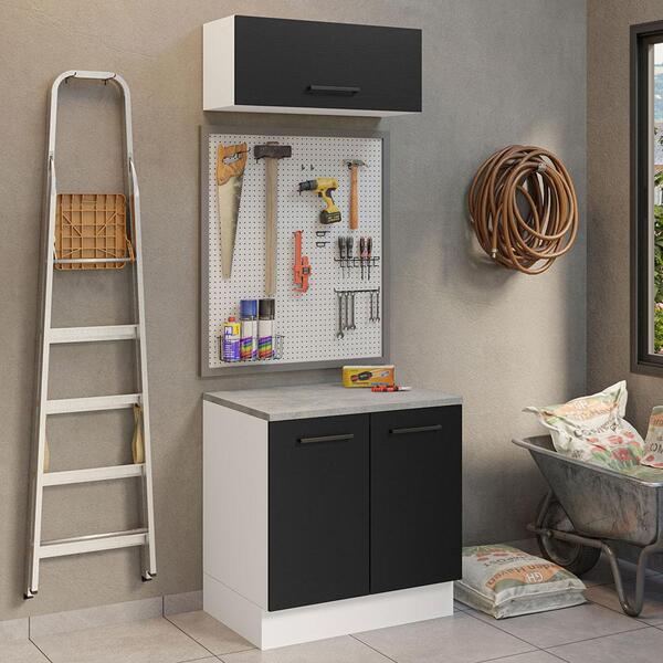 Kit Com Balcão E Armário Aéreo Multiuso 80cm Branco/preto Aga