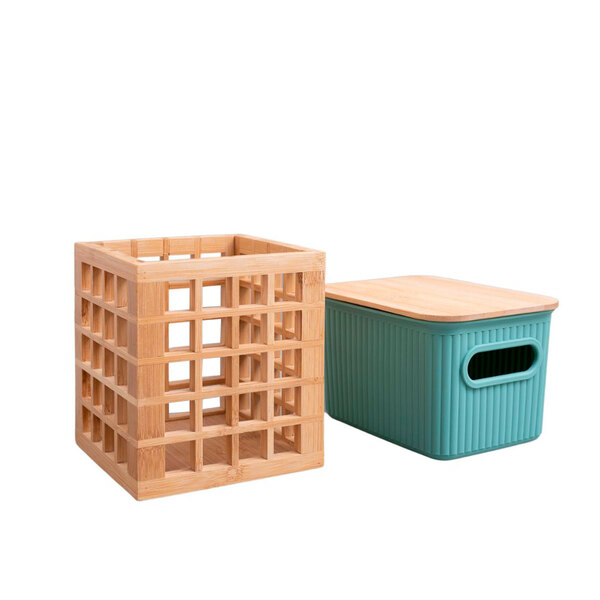 Kit Com Caixa Organizadora Canelada Com Tampa De Bambu 1,5l E