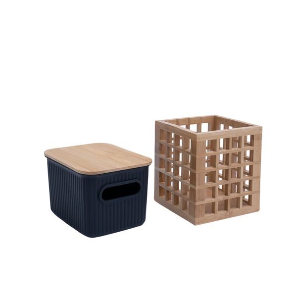 Kit Com Caixa Organizadora Canelada Com Tampa De Bambu 1,5l E