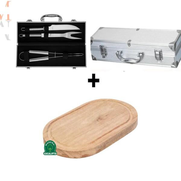 Kit Com Maleta Churrasco 3 Peças + Tábua De Corte Em Madeira