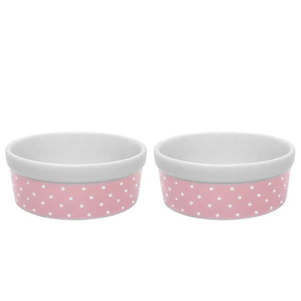 Kit Comedouro E Bebedouro De Porcelana 300ml Rosa Bolinhas