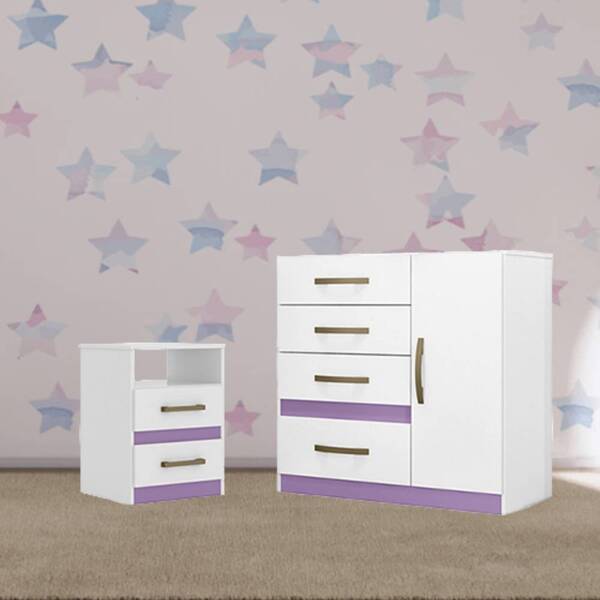 Kit Cômoda Cecília E Criado Mudo Bella Branco Lilás Bnn Decor