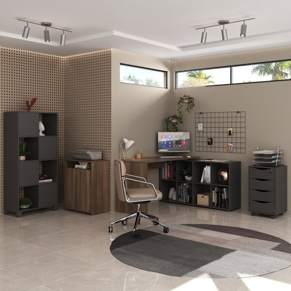 Kit Completo 4 Itens Com Escrivaninha Em L, Gaveteiro 4 Gavet