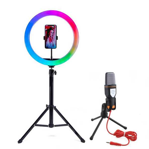 Kit Completo Podcaster - Ring Light Rgb Com Suporte De Celula