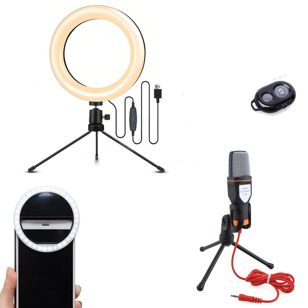 Kit Completo Ring Light 6" e Tripé de 16cm + Microfone SF-666