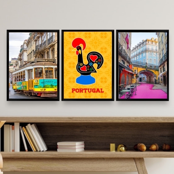 Kit Composição 3 Quadros Decorativos Portugal 33x24cm - Com V