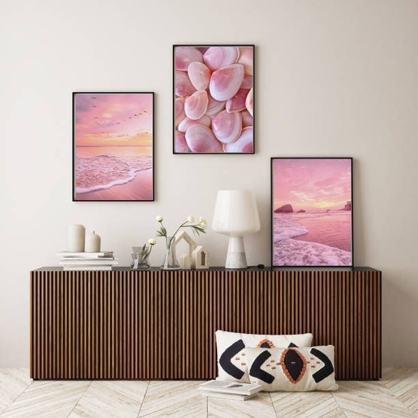 Kit Composição 3 Quadros Fotografias Praia Mar Rosa 24x18cm -