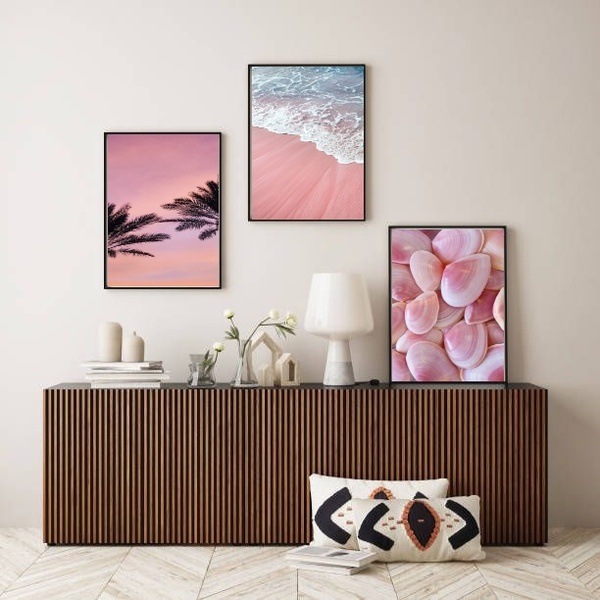 Kit Composição 3 Quadros Fotos Praia Rosa 24x18cm Moldura:mad