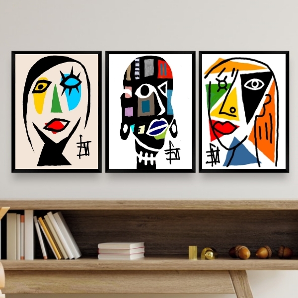 Kit Composição 3 Quadros Mulheres Coloridas Abstrato 45x34cm