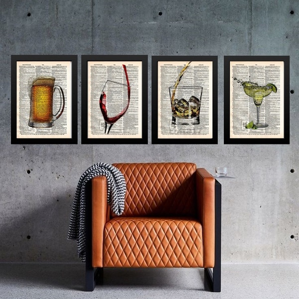 Kit Composição 4 Quadros Vintage Bar 45x34cm Moldura:madeira