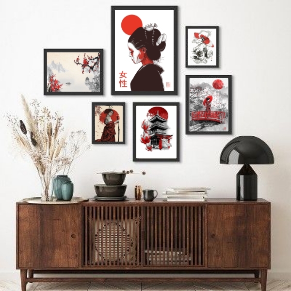 Kit Composição 6 Quadros Arte Oriental japonesa - Com Vidro M