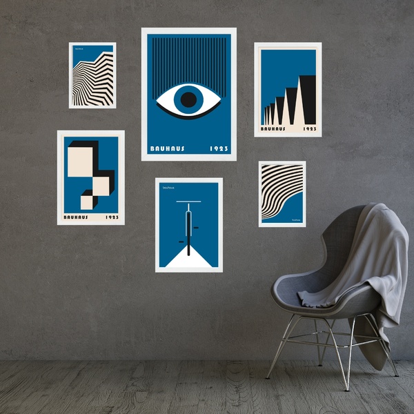 Kit Composição 6 Quadros Artes Bauhaus Azuis - Com Vidro Mold