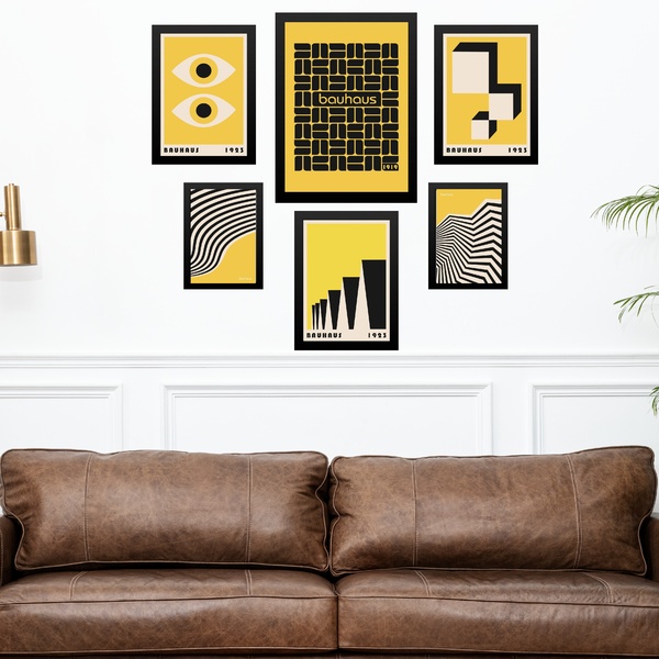 Kit Composição 6 Quadros Artes Bauhaus Preto E Amarelo Moldur