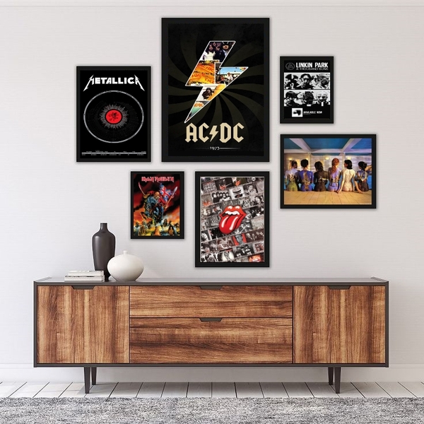 Kit Composição 6 Quadros Bandas De Rock Moldura:madeira Preta