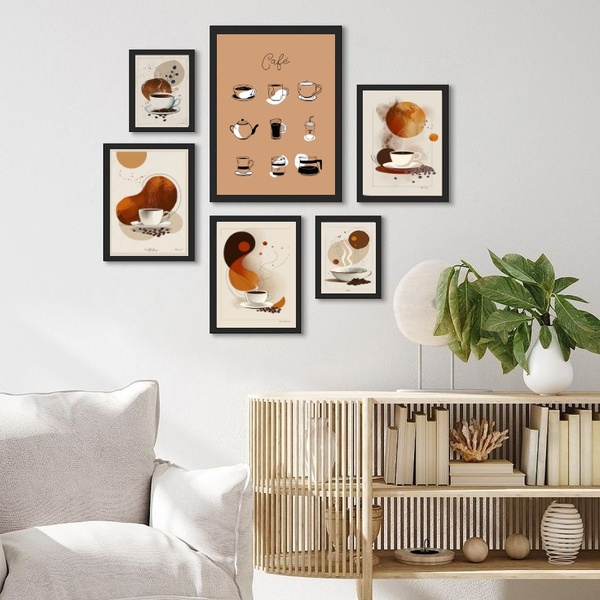 Kit Composição 6 Quadros Café De Todo Tipo - Com Vidro Moldur