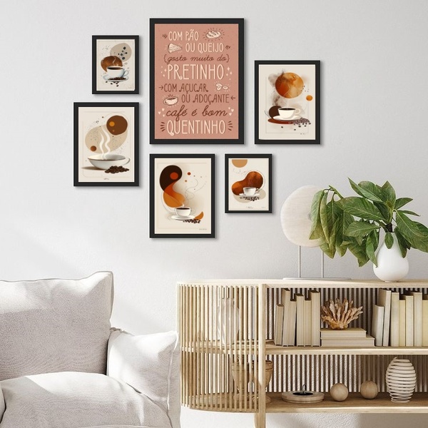 Kit Composição 6 Quadros Café Quentinho Moldura Preta