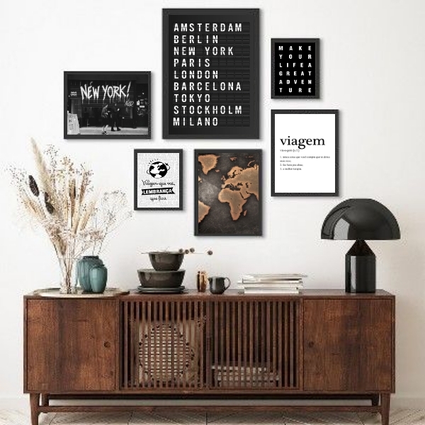 Kit Composição 6 Quadros Decorativos Viagens - Com Vidro Mold