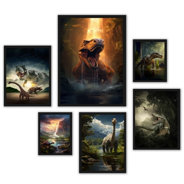 Kit Composição 6 Quadros Dinossauros - Com Vidro Moldura:made