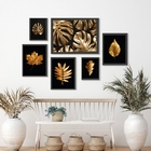 Kit Composição 6 Quadros Folhas Douradas Fundo Preto - Com Vi