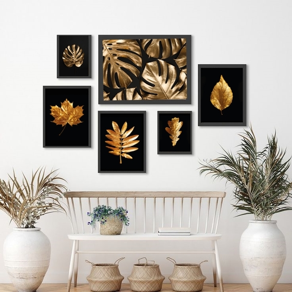 Kit Composição 6 Quadros Folhas Douradas Fundo Preto Moldura: