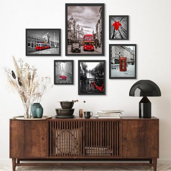 Kit Composição 6 Quadros Fotos Detalhes Vermellhos Moldura:ma