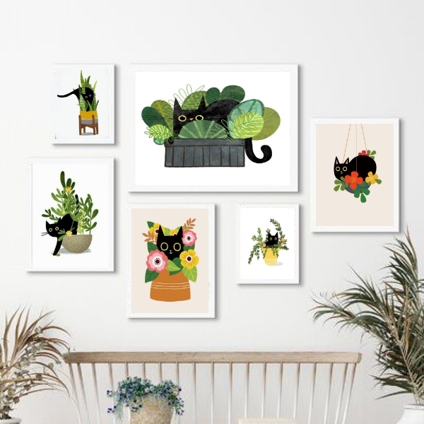 Kit Composição 6 Quadros Gatinho Com Plantas e flores - Com V