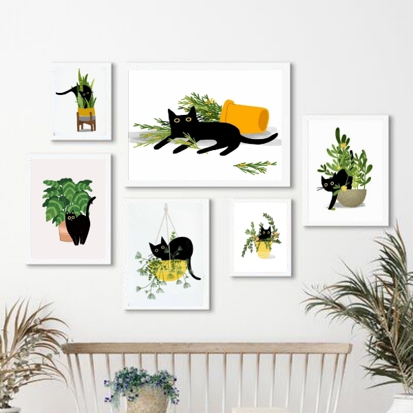 Kit Composição 6 Quadros Gatinho Com plantas Moldura:madeira