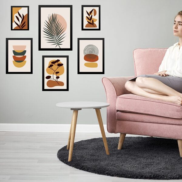 Kit Composição 6 Quadros Gravuras Boho - Com Vidro Moldura Pr