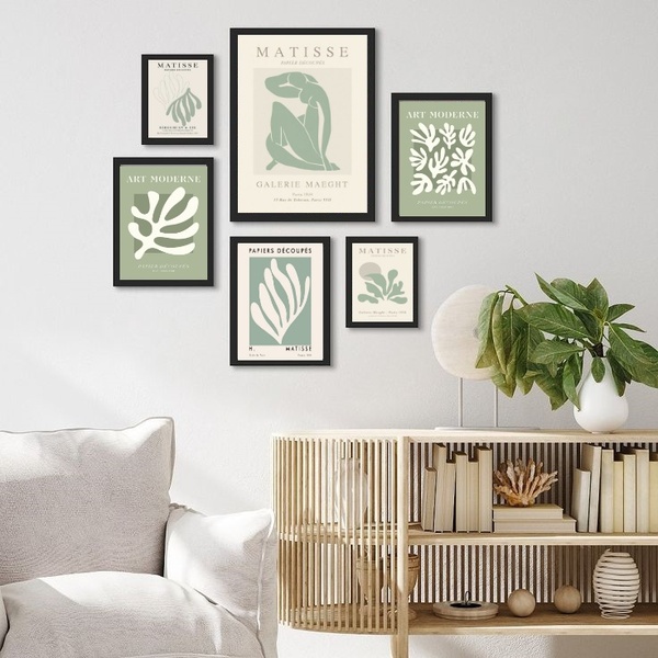 Kit Composição 6 Quadros Matisse Bege E Verde - Com Vidro Mol