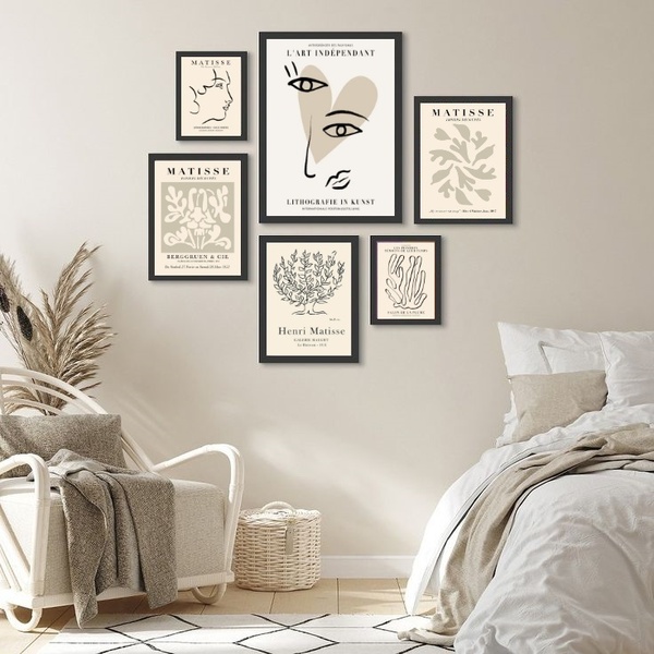 Kit Composição 6 Quadros Matisse Bege Moldura Preta