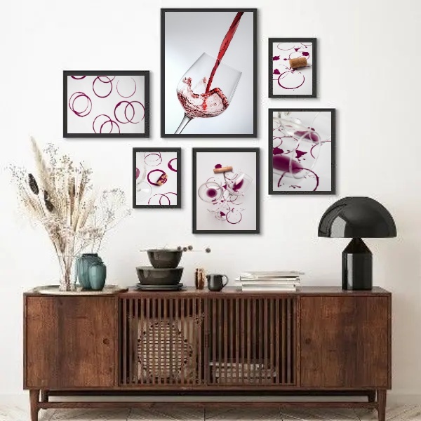 Kit Composição 6 Quadros Minimalistas Vinho Moldura Preta