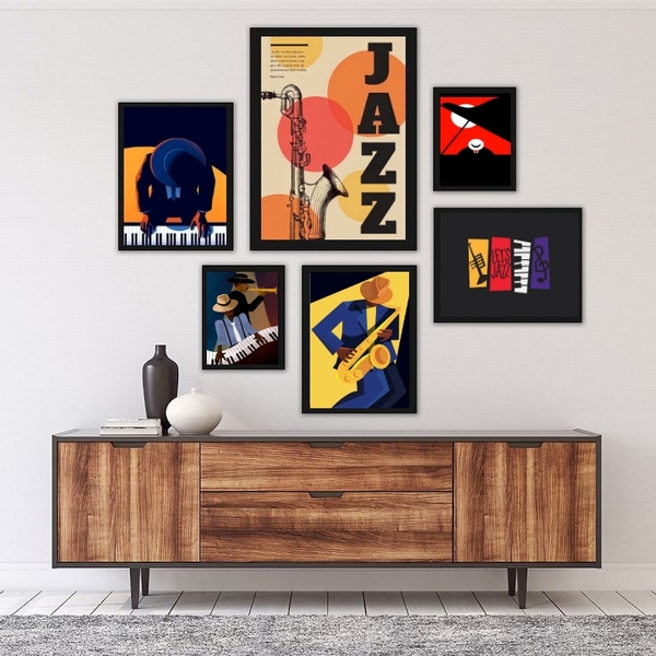 Kit Composição 6 Quadros Música Músicos Jazz - Com Vidro Mold