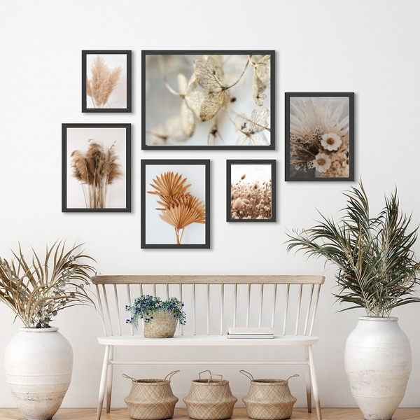 Kit Composição 6 Quadros Neutros Folhas E Flores Secas - Com